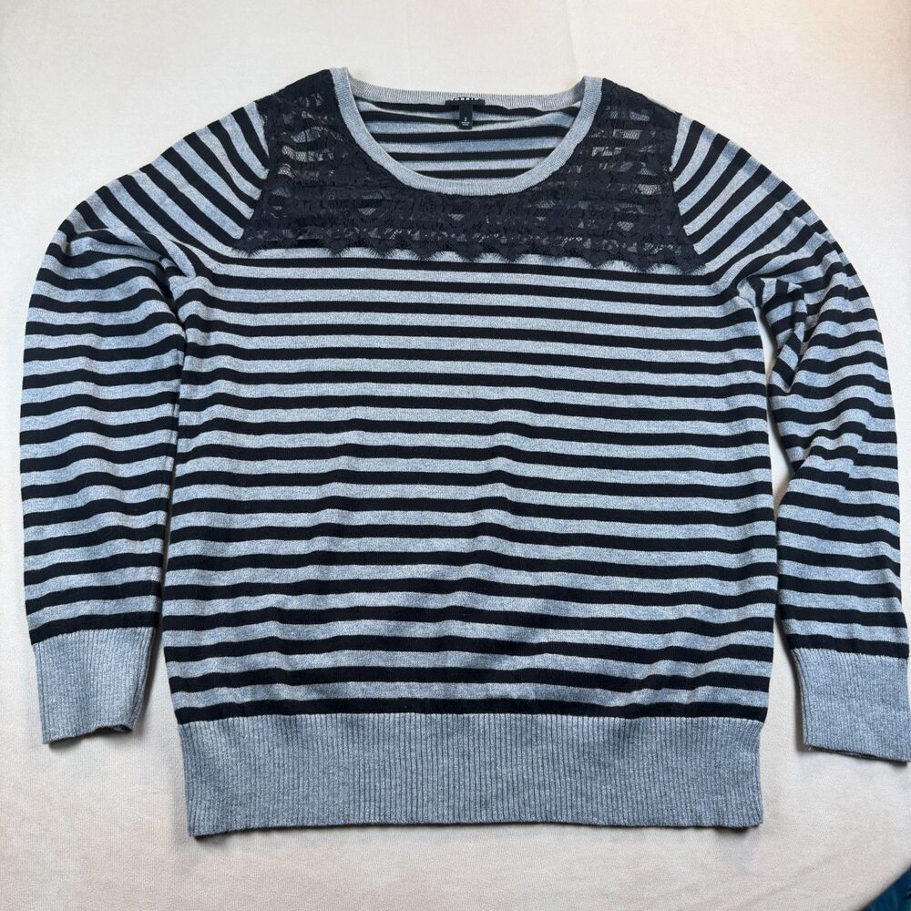 Torrid Size 2 2X Gray Black Striped Lace Yoke Cotton Knit Sweater Plus Size